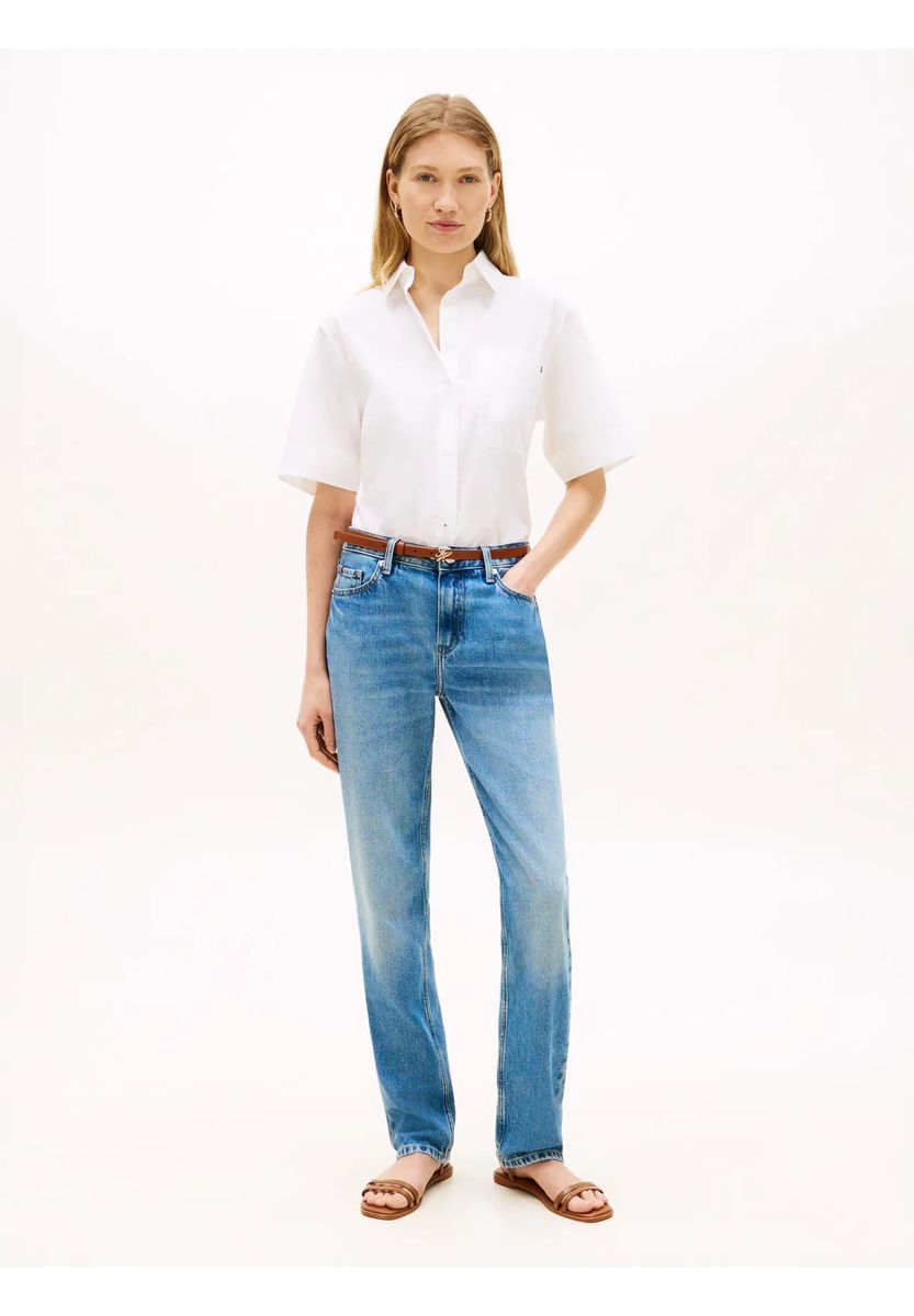 Gerade geschnittene Kurzarm-Oxford-Bluse