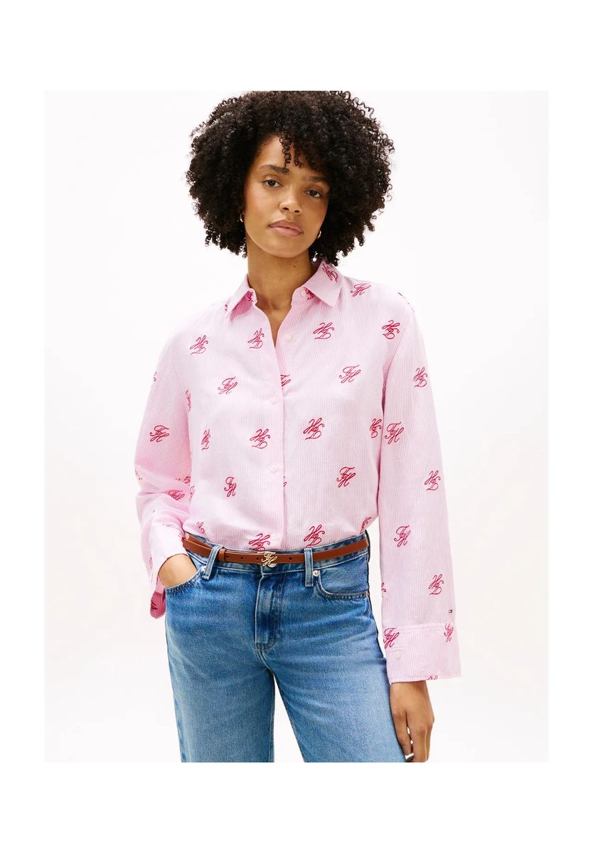 Gestreifte Baumwollbluse mit Monogramm