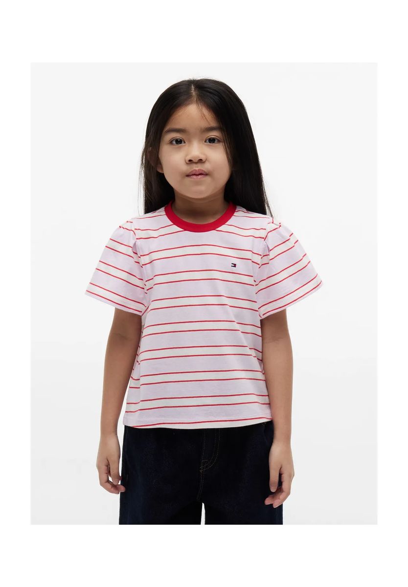 Gestreiftes Baumwoll-T-Shirt mit Raffungen