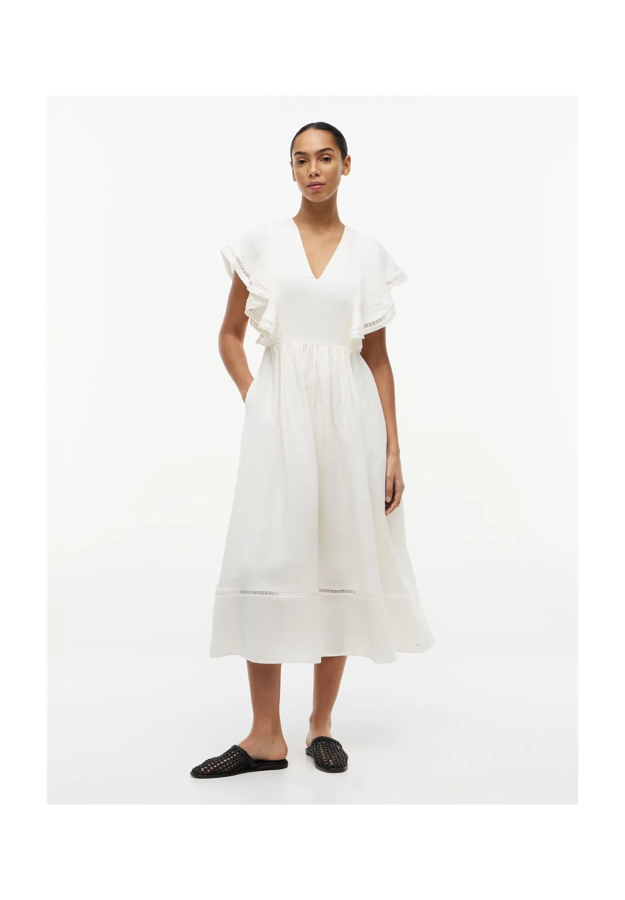 Volant-Midikleid mit V-Ausschnitt und Spitze