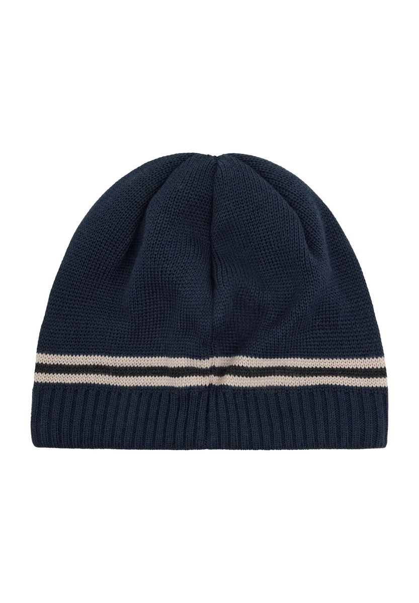 Gestreifte Strickmütze mit Aufnäher