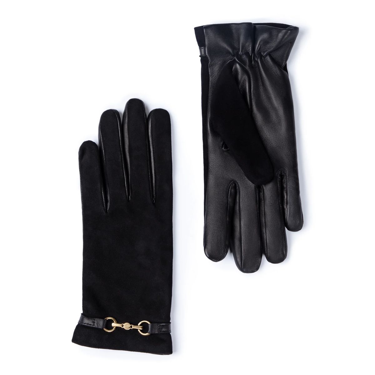 Wildlederhandschuhe mit goldener Schnalle