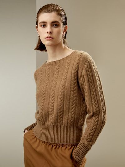 Zopfstrick-Kaschmirpullover mit Rundhalsausschnitt