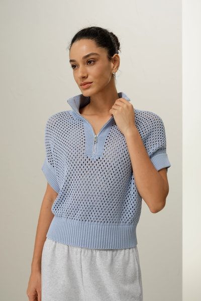 Halb-Zip-Stricktop mit Lochmuster-Struktur