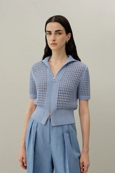 Kurzärmelige Häkel-Strickjacke mit Reißverschluss