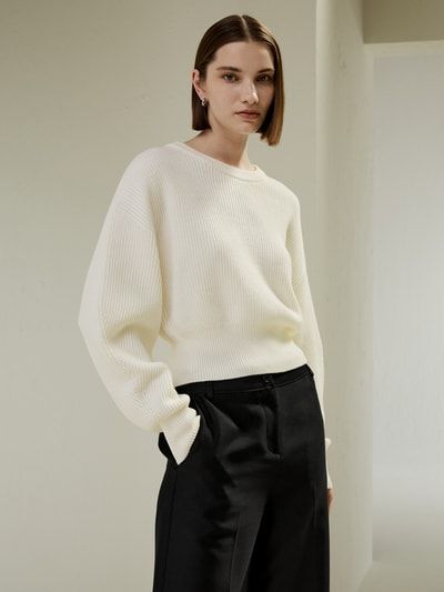 Gerippter Merino-Pullover mit Rundhalsausschnitt