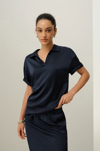 Waschbares Seiden-Charmeuse Polo-Top