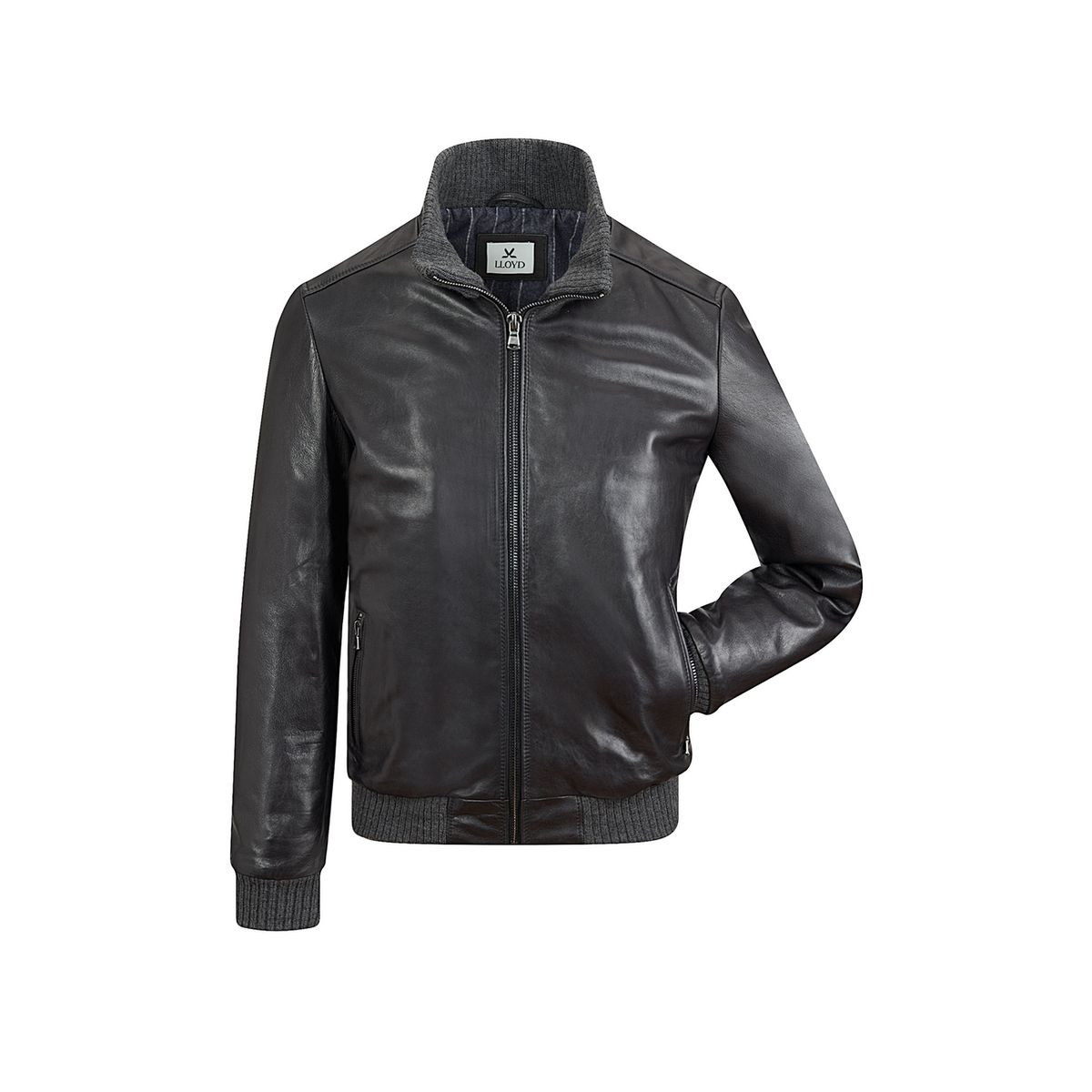Klassische Leder-Bomberjacke mit Rippstrick-Details
