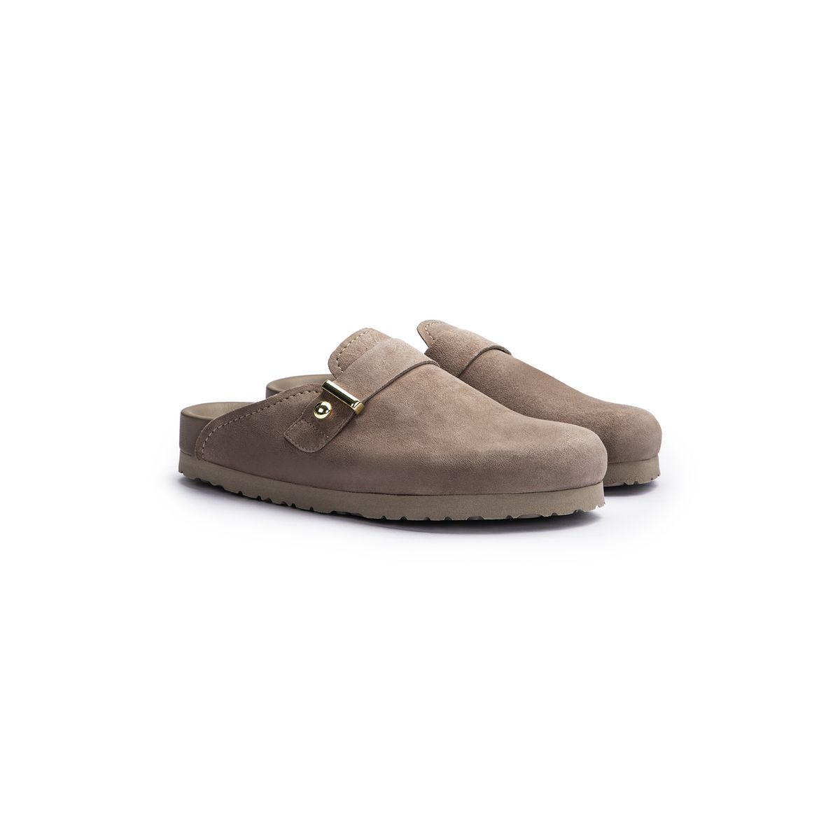 Rauleder-Clogs mit goldener Schnalle