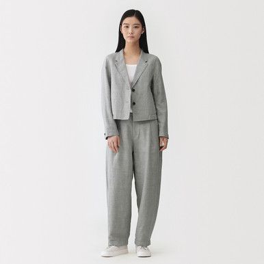 Plissierte Leinenmischhose mit Fischgrätenmuster