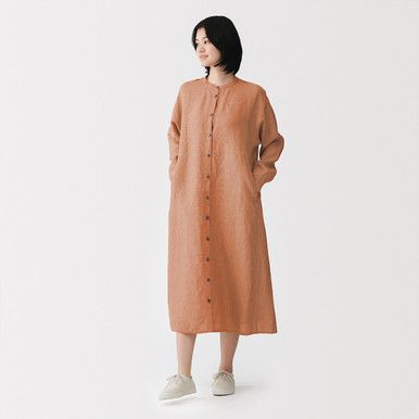 Leinen-Midikleid mit Stehkragen