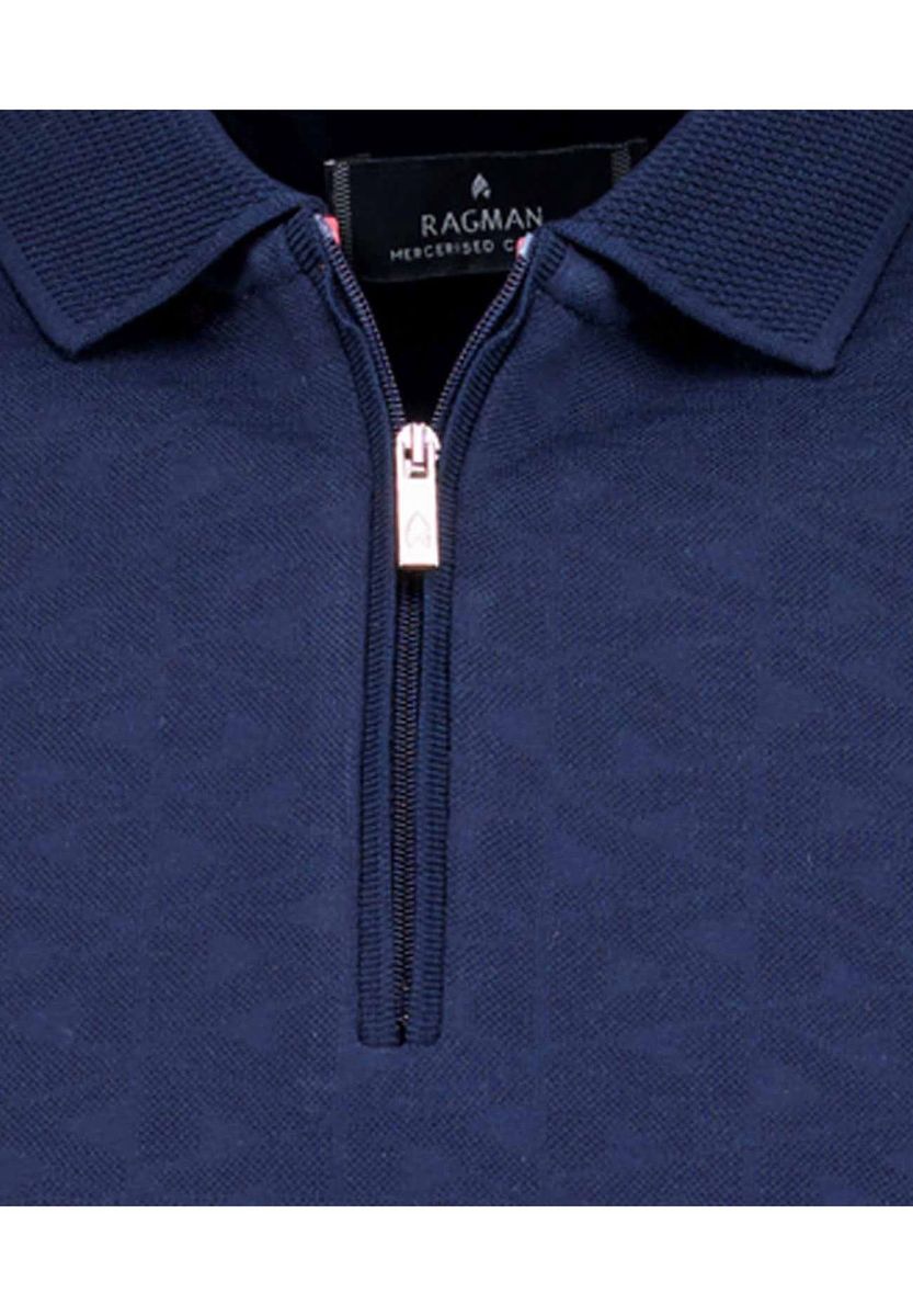 Marineblaues Jacquard-Polohemd mit Reißverschluss