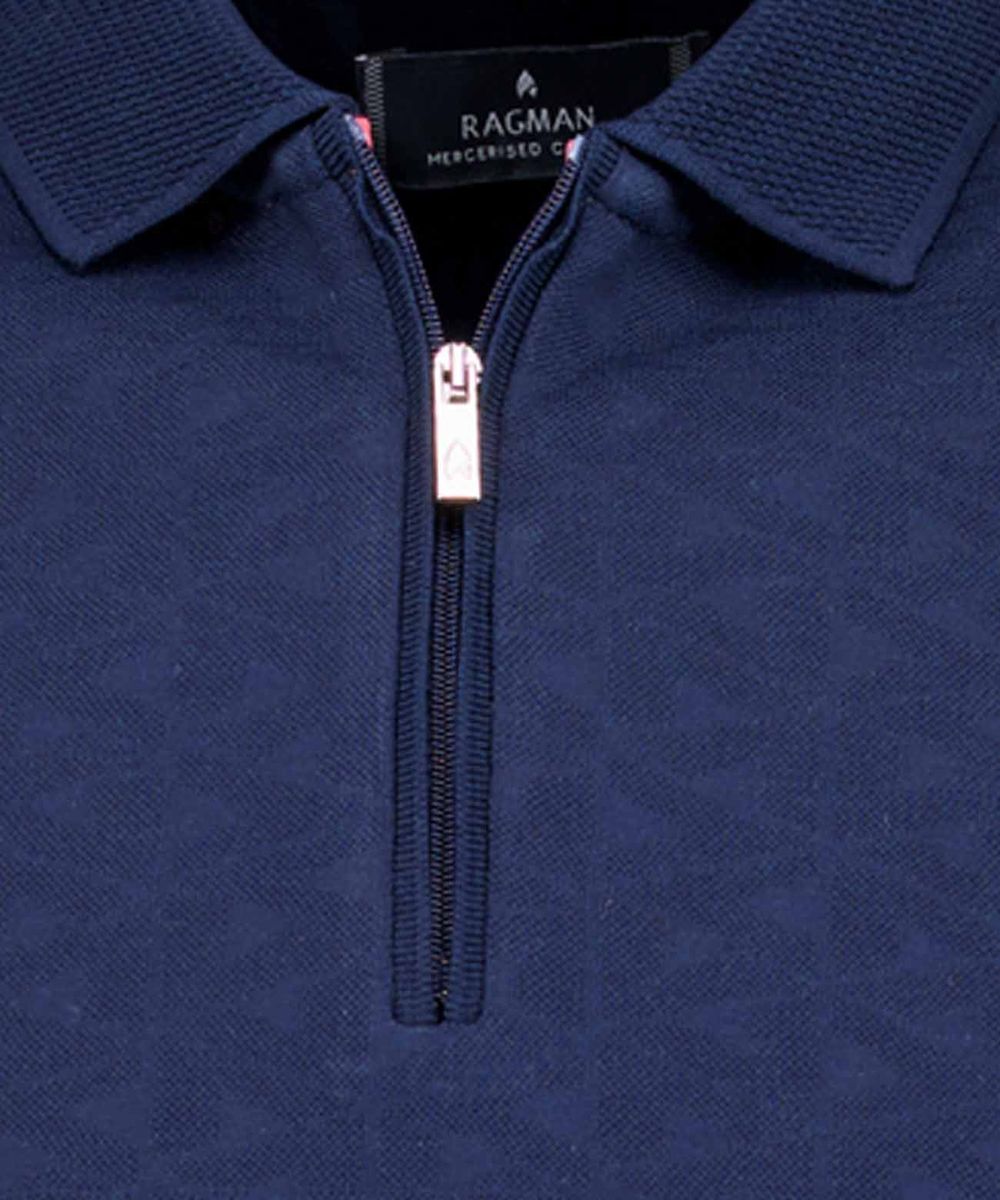 Marineblaues Jacquard-Polohemd mit Reißverschluss