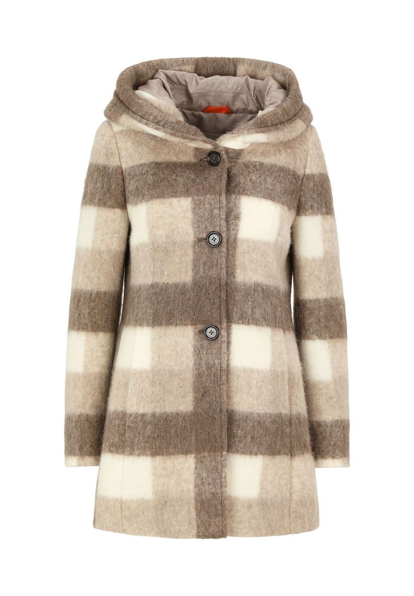 Kurzer Wollmixmantel mit Karomuster und Kapuze