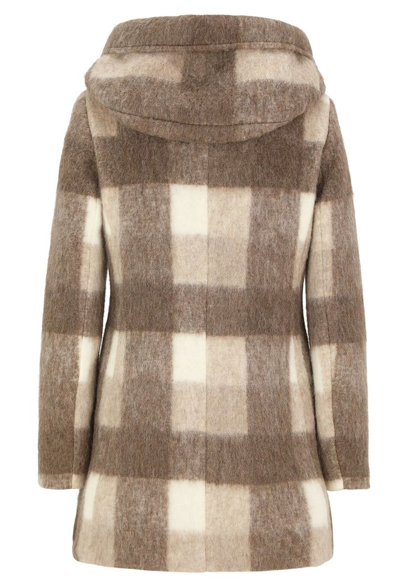 Kurzer Wollmixmantel mit Karomuster und Kapuze