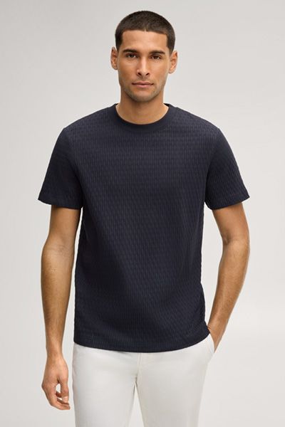 Strukturiertes marineblaues T-Shirt Herren Texturierte Baumwolle Rundhals Kurzarm