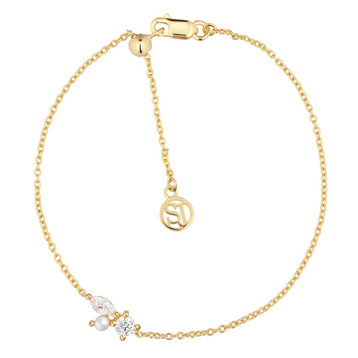Verstellbares Goldarmband mit Zirkonia und Perle