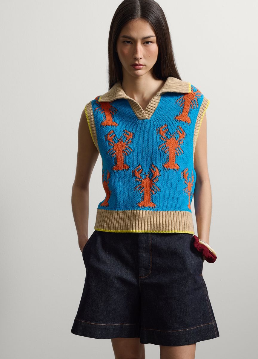 Strickweste mit Hummer-Intarsienmuster