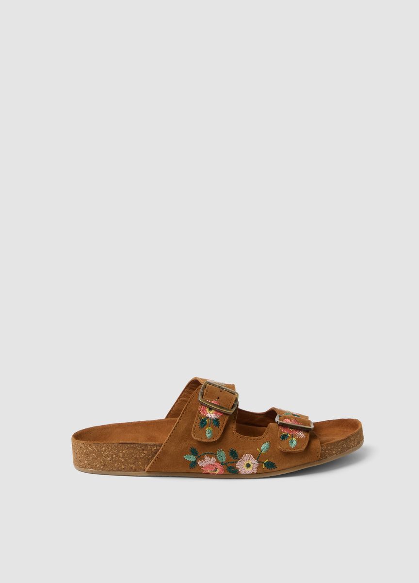Bestickte Zweiriemen-Sandalen aus Wildleder