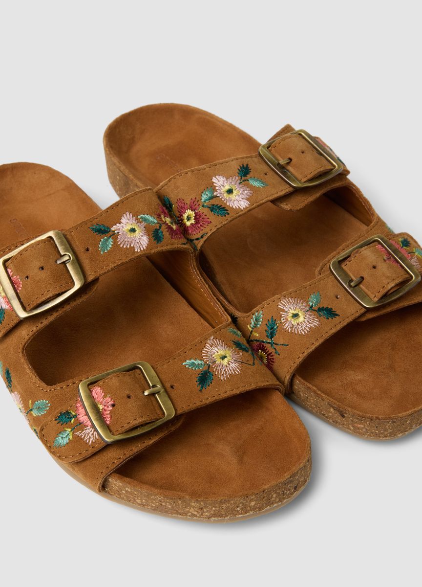 Bestickte Zweiriemen-Sandalen aus Wildleder
