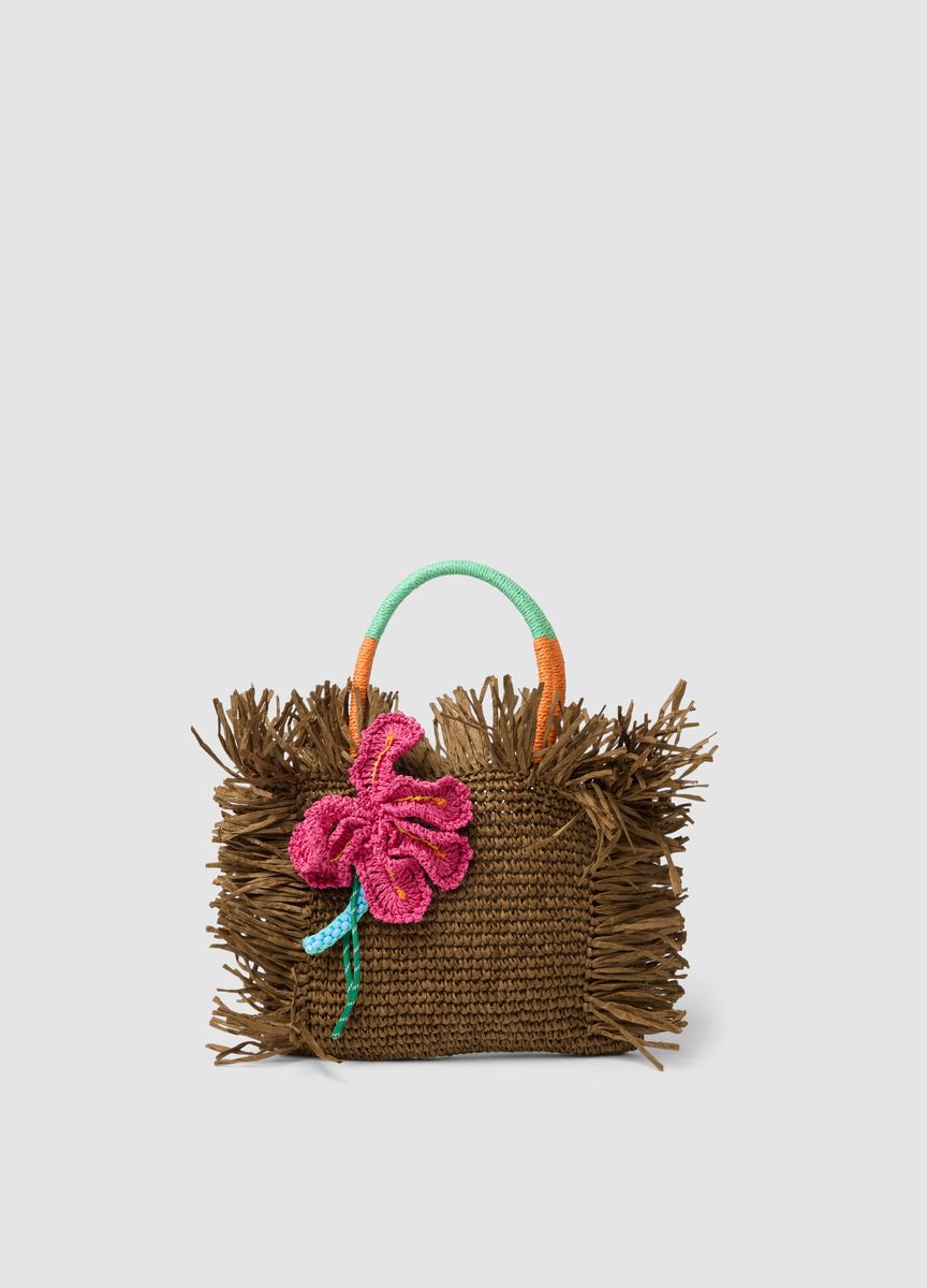 Strohtasche mit Fransen und Häkelblume