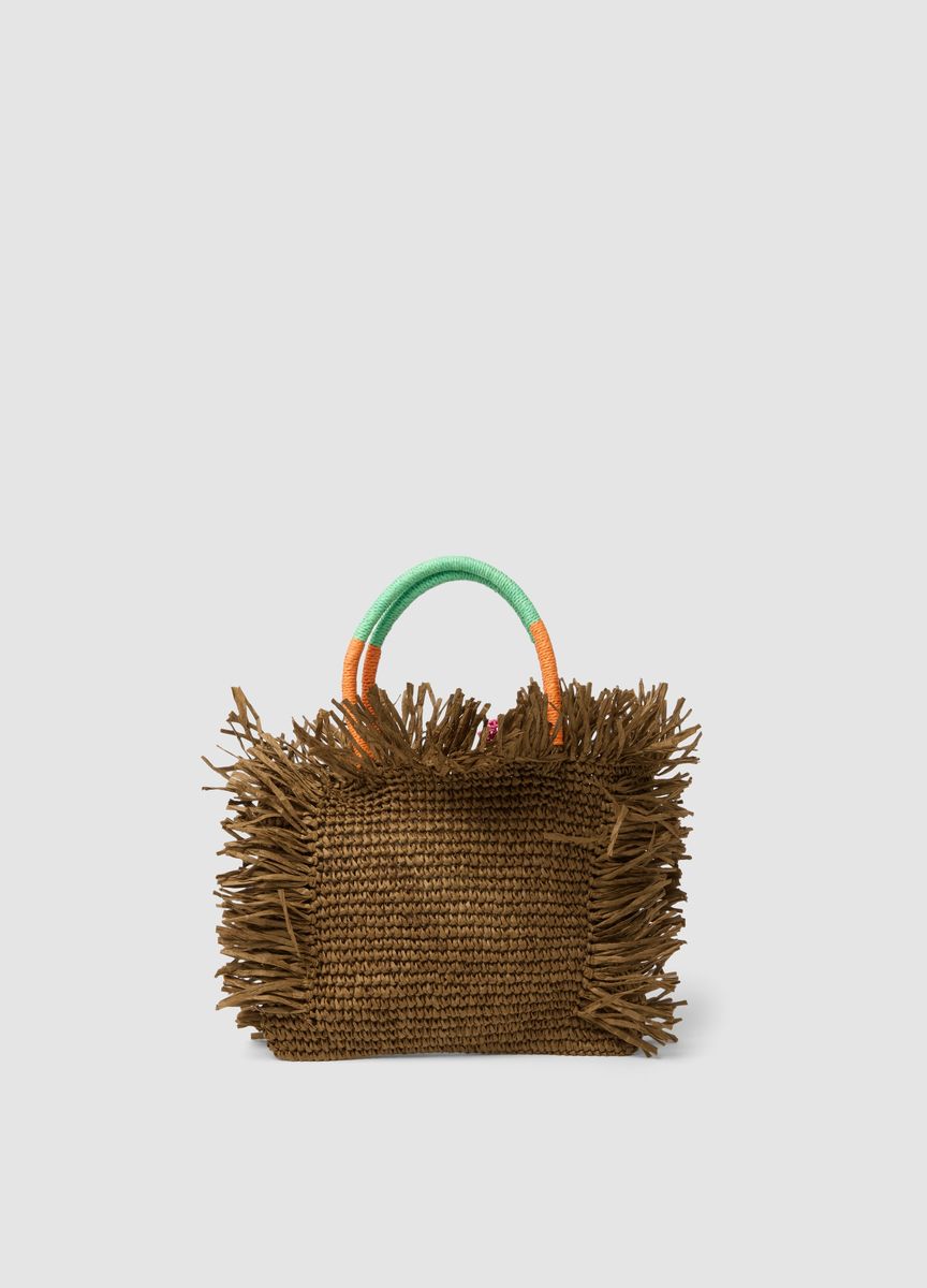 Strohtasche mit Fransen und Häkelblume