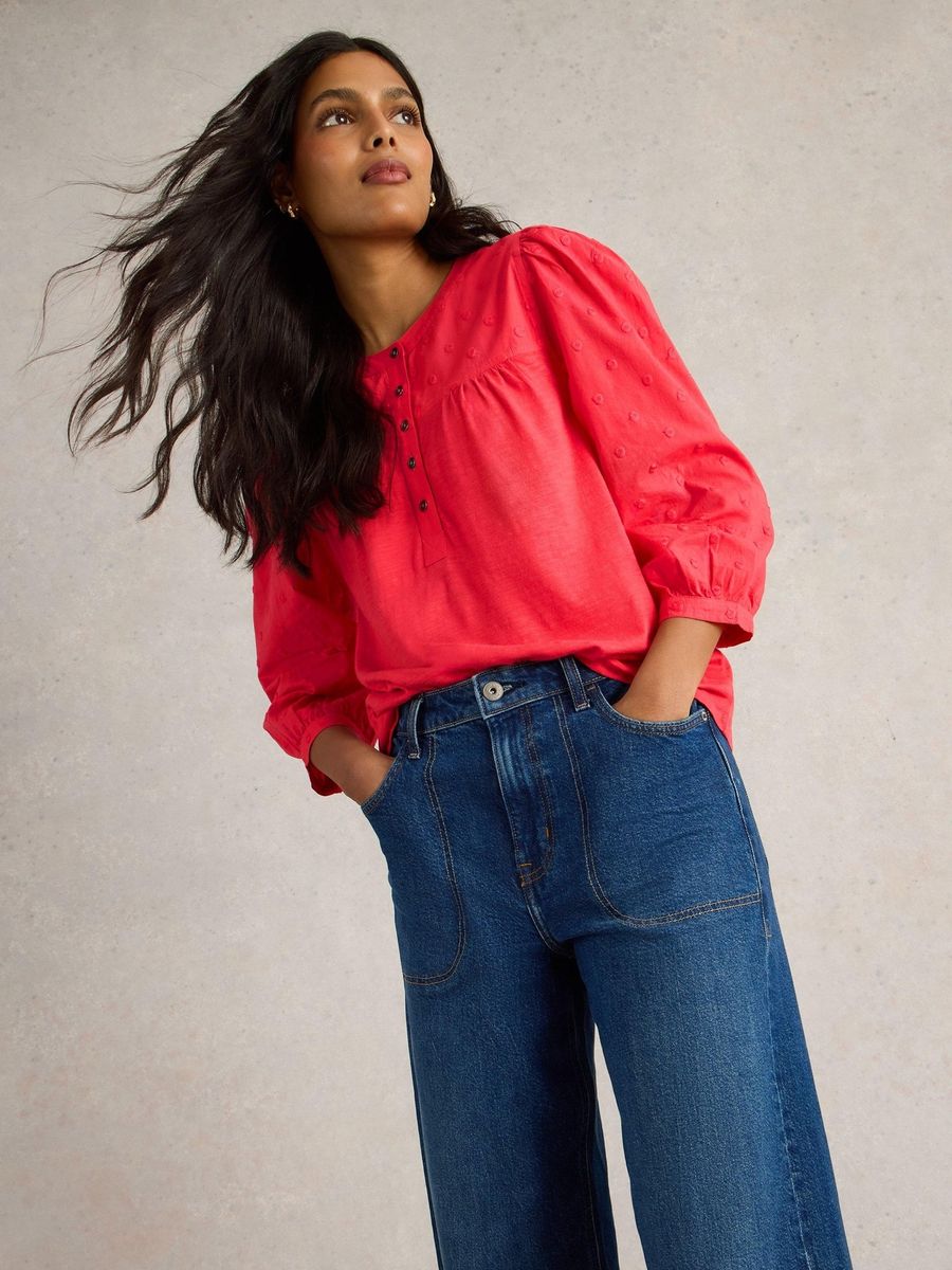 Bluse mit Dobby-Muster und Puffärmeln