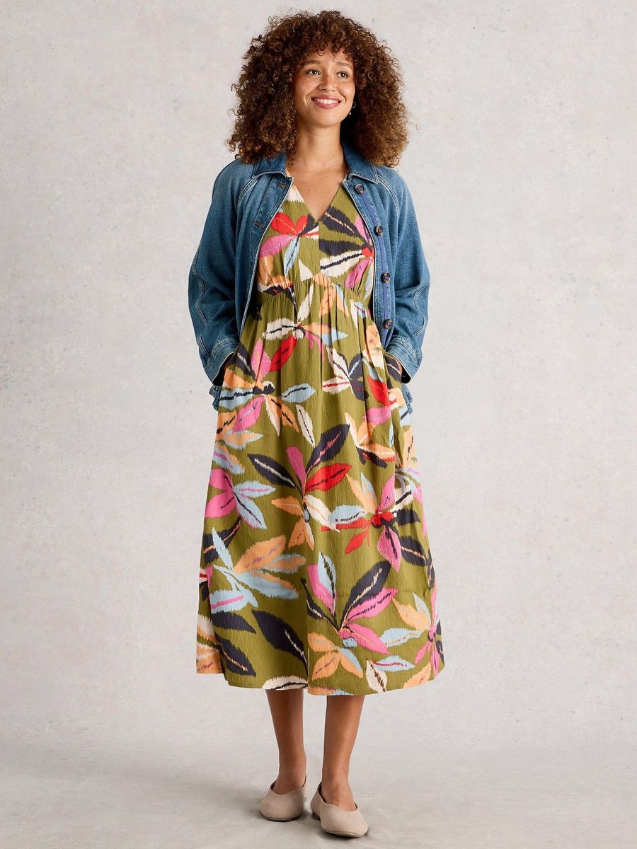 Empire-Midikleid mit abstraktem Blattmuster