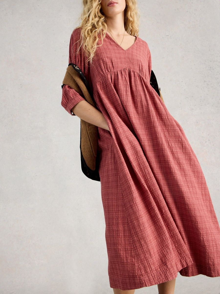 Strukturiertes V-Ausschnitt Midi-Kleid mit Smok