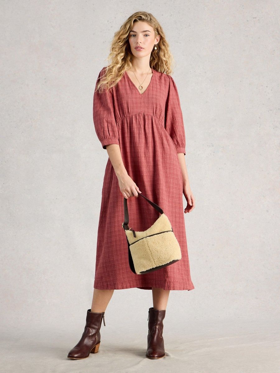 Strukturiertes V-Ausschnitt Midi-Kleid mit Smok