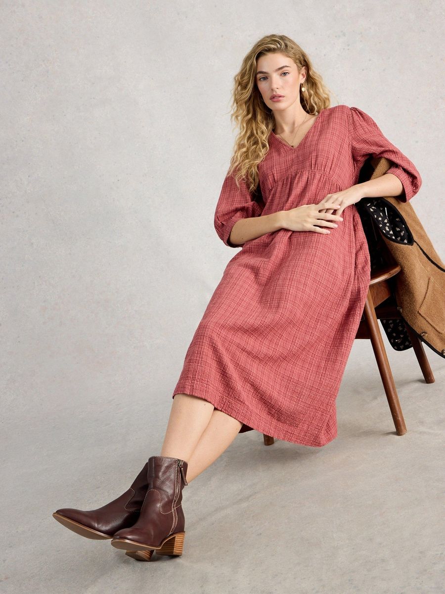 Strukturiertes V-Ausschnitt Midi-Kleid mit Smok