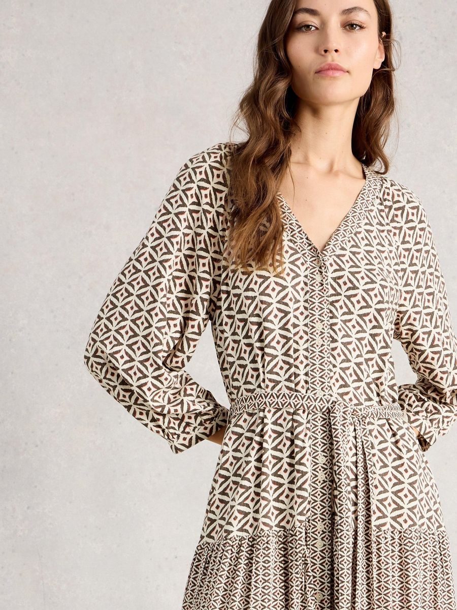 Gestuftes Midi-Kleid mit Geometriemuster