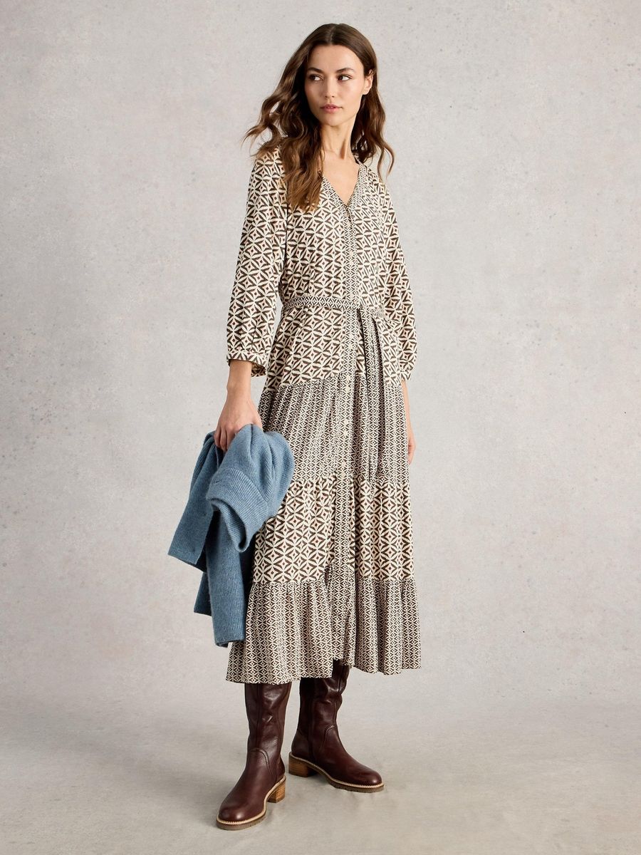 Gestuftes Midi-Kleid mit Geometriemuster