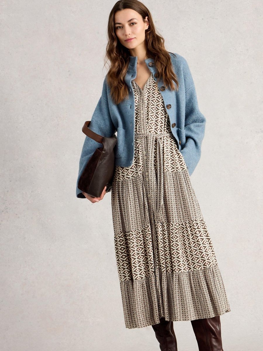 Gestuftes Midi-Kleid mit Geometriemuster