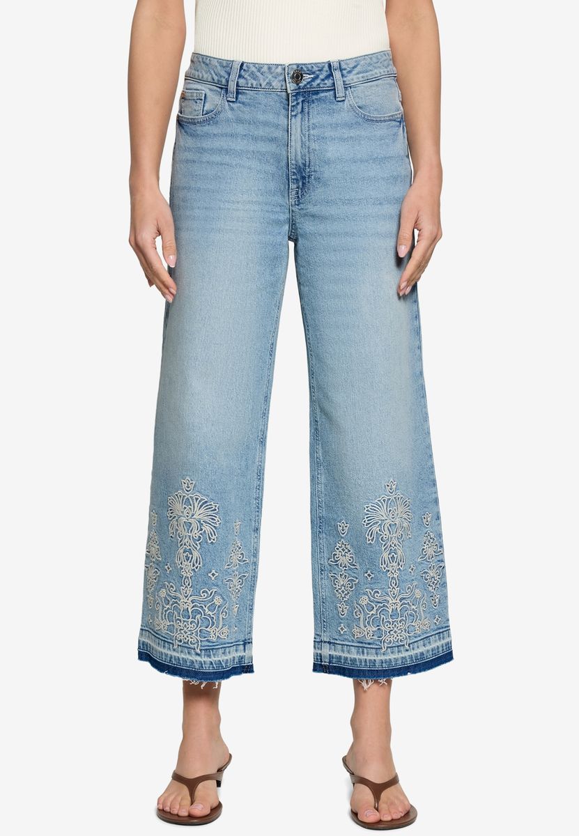 Bestickte Cropped-Jeans mit weitem Bein