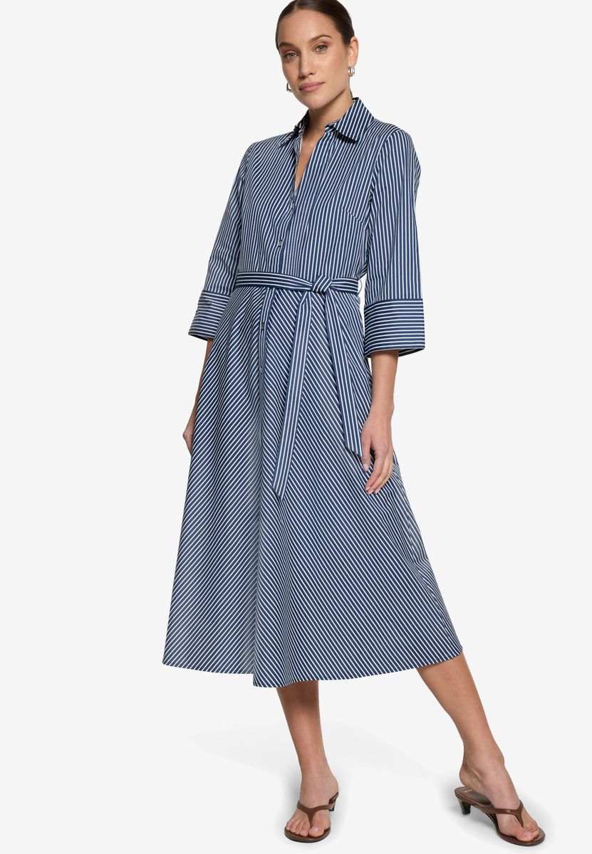 Gestreiftes Midi-Hemdblusenkleid mit Gürtel