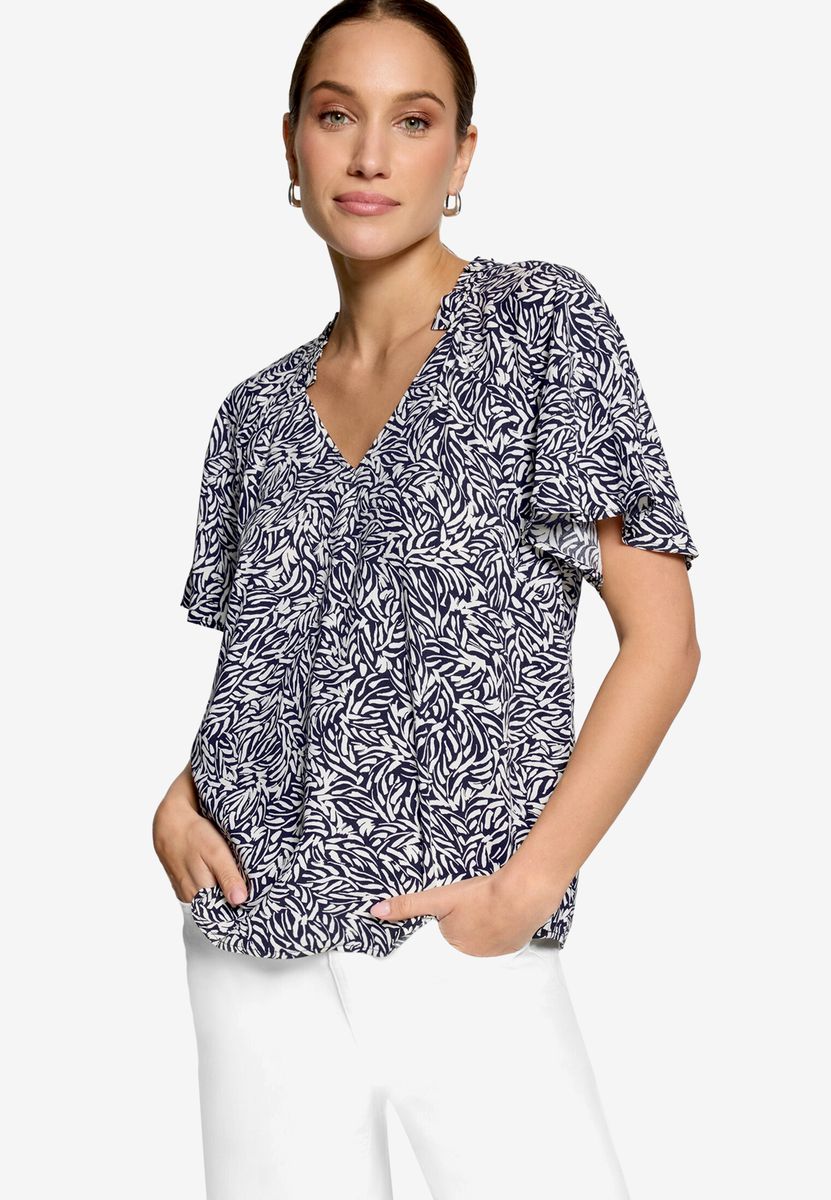 Bluse mit Blattmuster und V-Ausschnitt