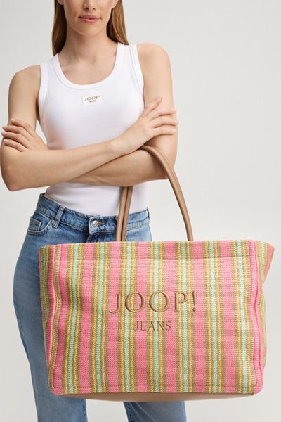 Gestreifter Bast-Shopper mit Logo