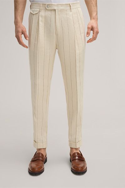 Gestreifte Leinenmix-Hose mit Bundfalte