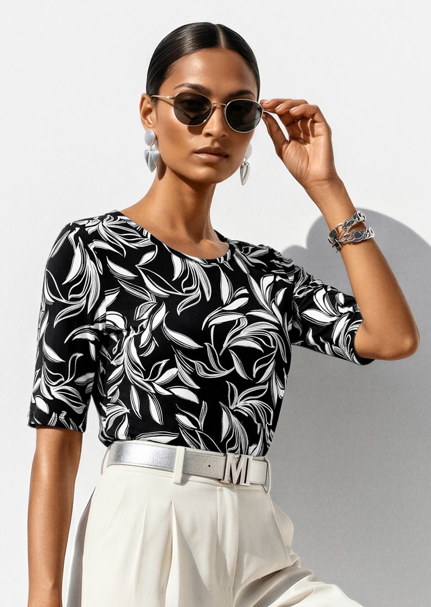 Jersey-Shirt mit Monochromem Blätterprint