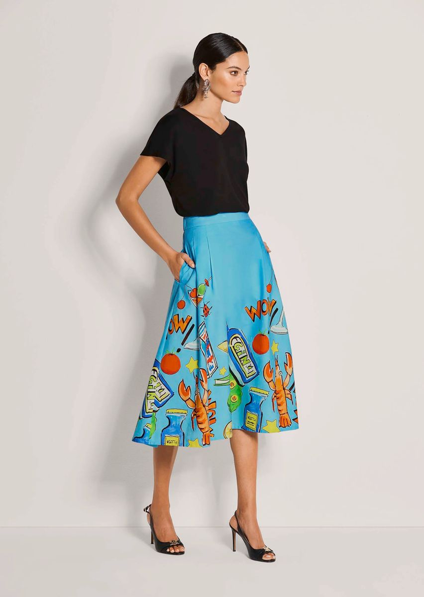 Ausgestellter Midi-Rock mit Pop-Art-Print