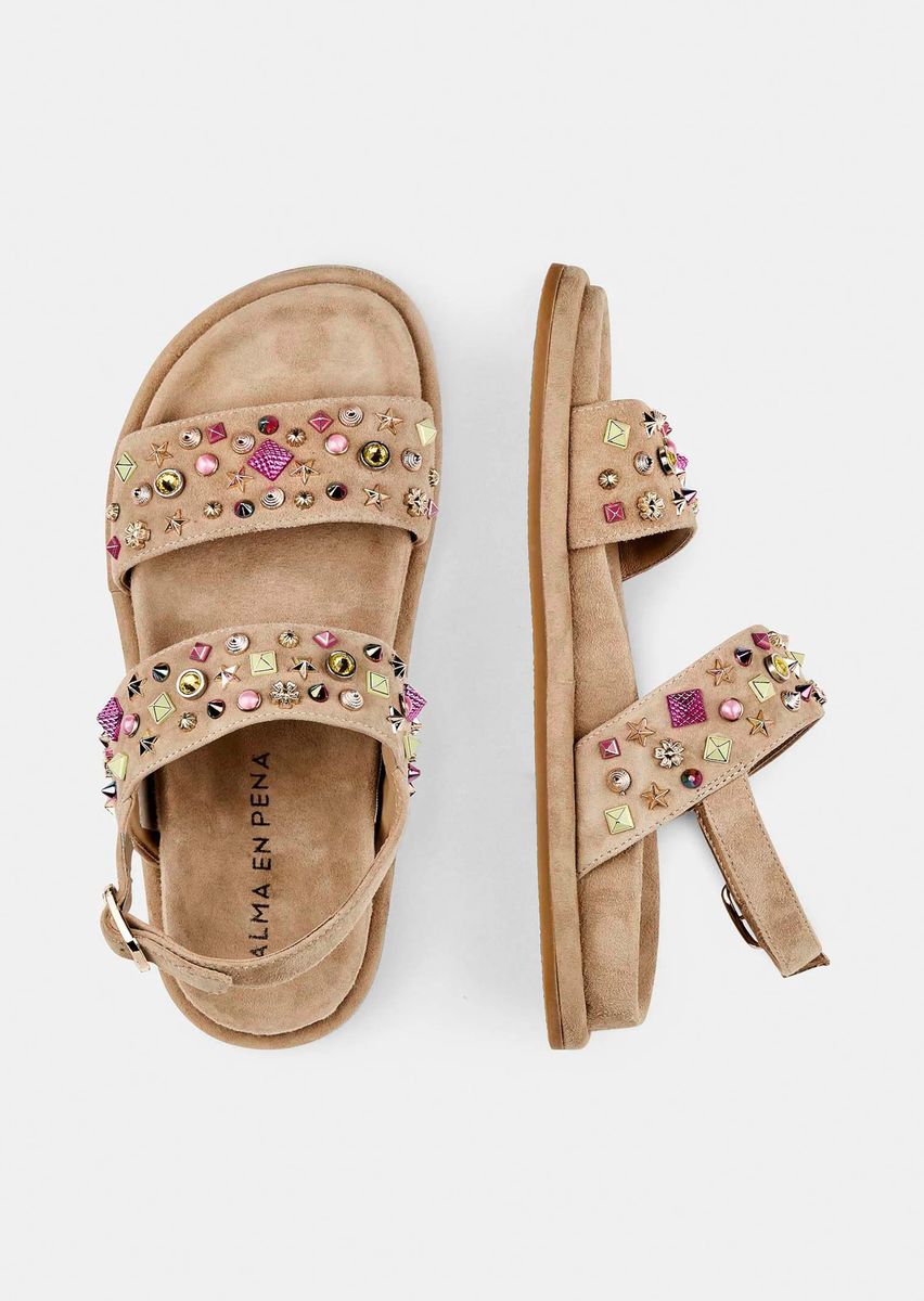 Verzierte Suede-Sandalen mit Schmucksteinen