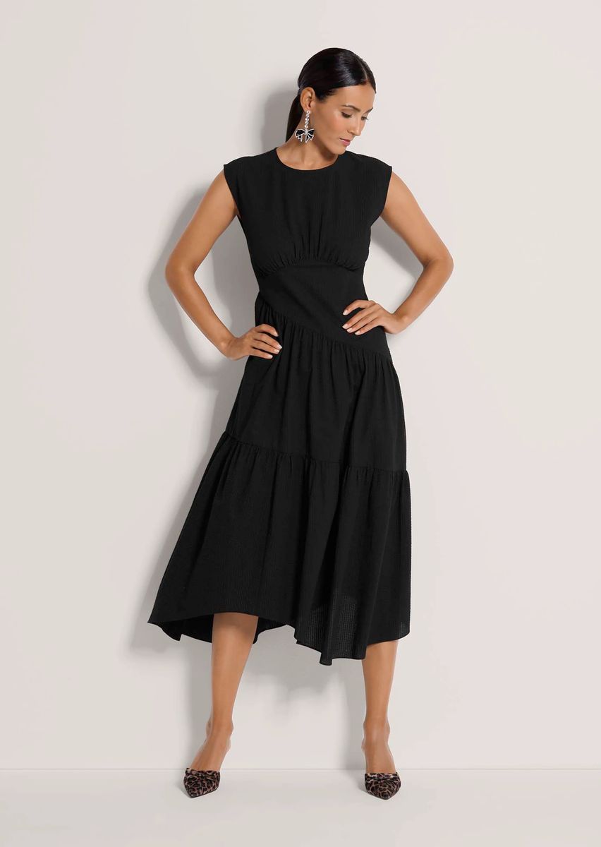 Asymmetrisches Baumwoll-Stufenkleid in Midi