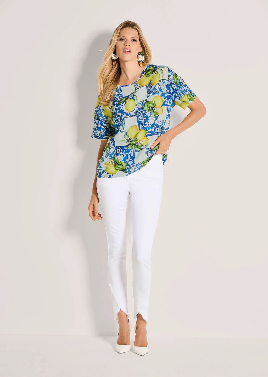 Mediterrane Leinenbluse mit Zitronen-Print