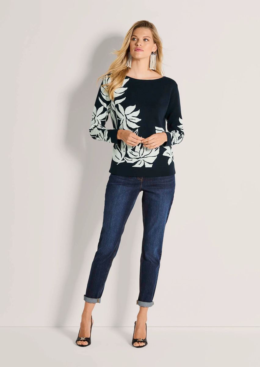 Floraler Jacquard-Pullover mit U-Boot-Ausschnitt