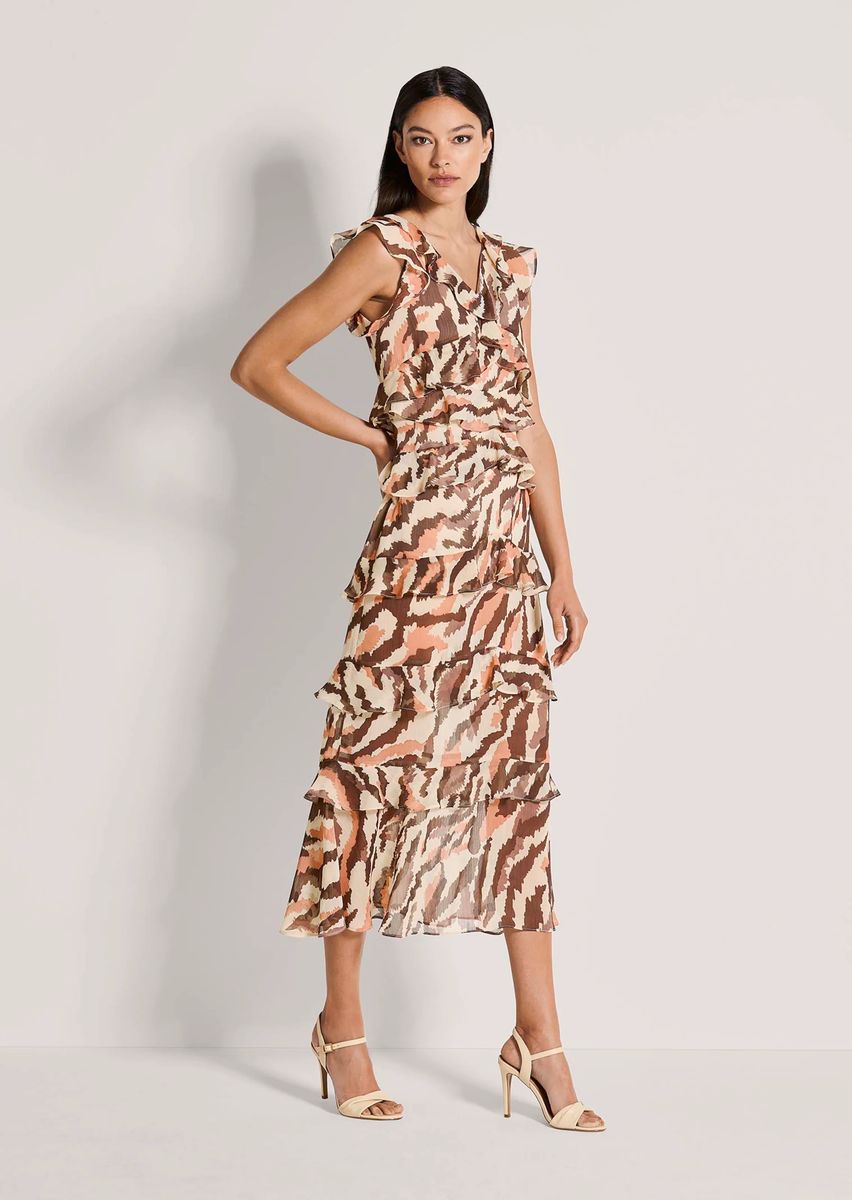 Chiffon-Midikleid mit Volants und Animalprint