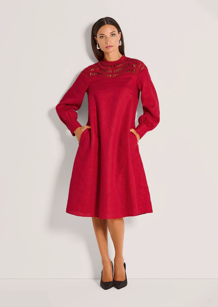 Leinen-Midikleid mit Spitzen-Passe