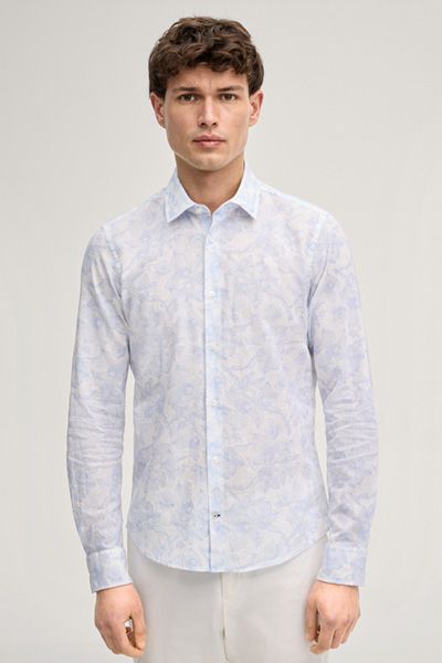 Hemd Pit Leinen-Baumwoll-Mischung weiß und hellblau Blumendruck