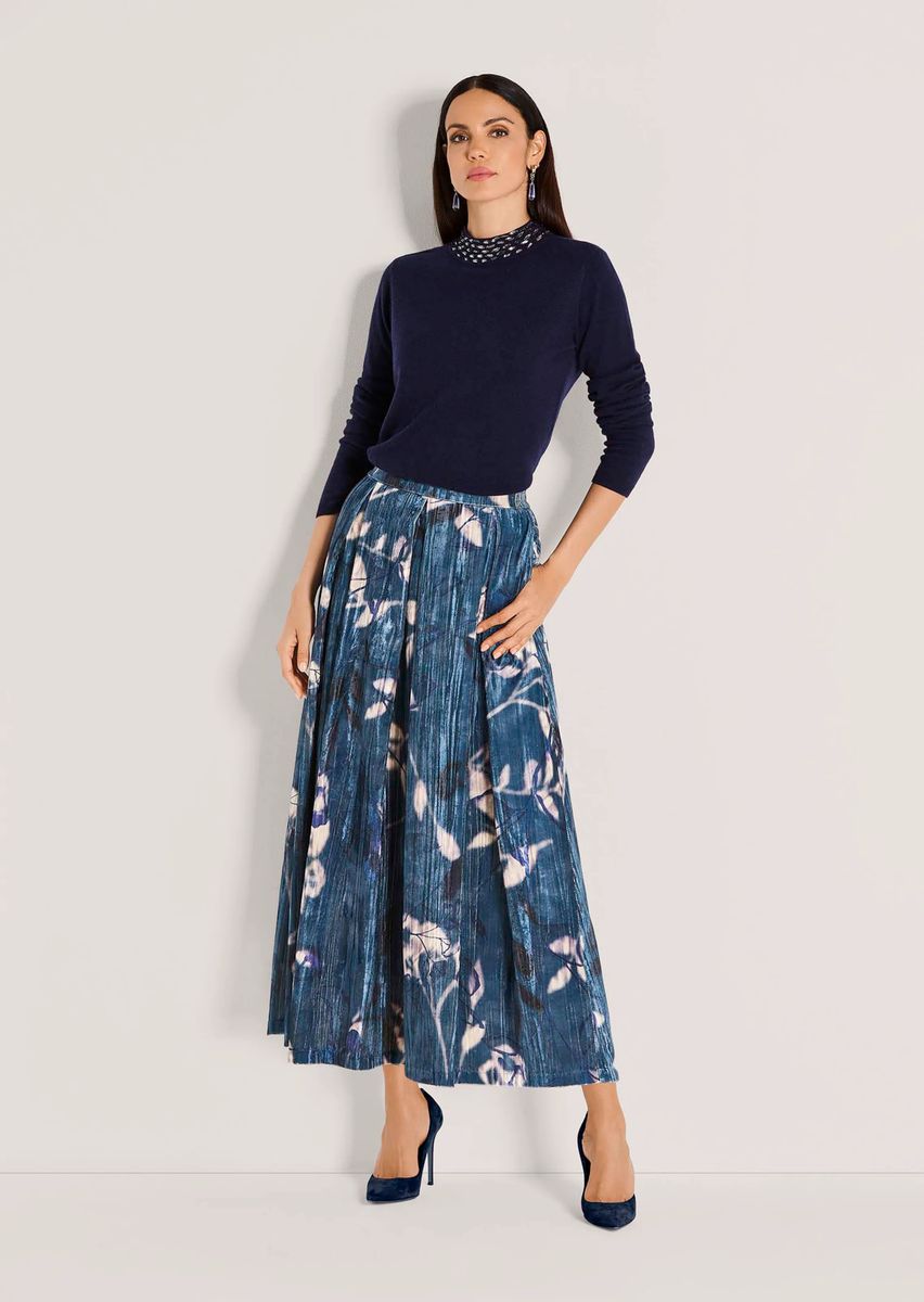 Floraler Midi-Rock aus Crinkle-Samt