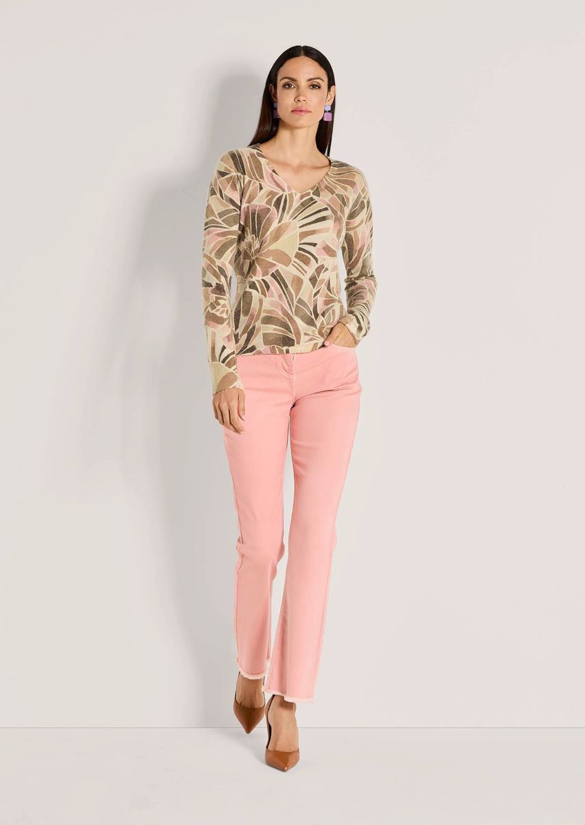 V-Ausschnitt-Pullover mit stilisiertem Blumendruck